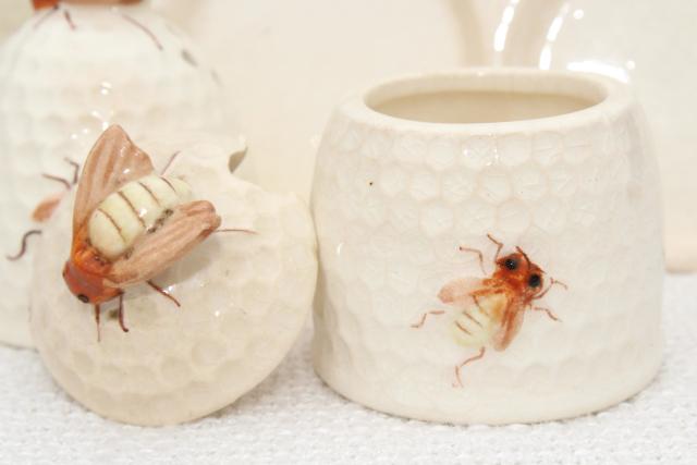 photo of vintage beeware w/ ceramic bees, bee skep jam jar pot, comb honey box or butter dish, milk jug pitcher #4