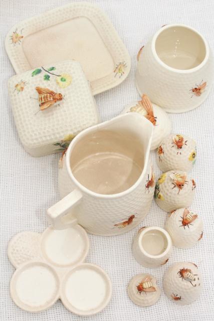 photo of vintage beeware w/ ceramic bees, bee skep jam jar pot, comb honey box or butter dish, milk jug pitcher #6