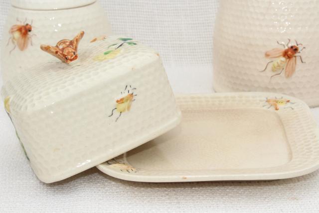 photo of vintage beeware w/ ceramic bees, bee skep jam jar pot, comb honey box or butter dish, milk jug pitcher #10