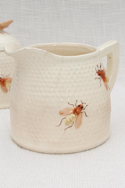 photo of vintage beeware w/ ceramic bees, bee skep jam jar pot, comb honey box or butter dish, milk jug pitcher #12