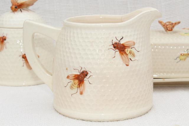 photo of vintage beeware w/ ceramic bees, bee skep jam jar pot, comb honey box or butter dish, milk jug pitcher #13