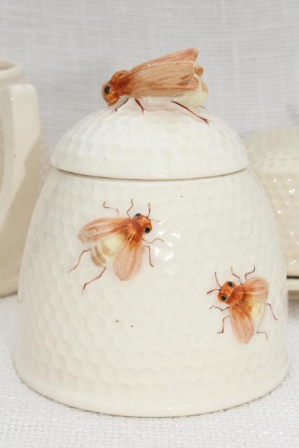 photo of vintage beeware w/ ceramic bees, bee skep jam jar pot, comb honey box or butter dish, milk jug pitcher #14