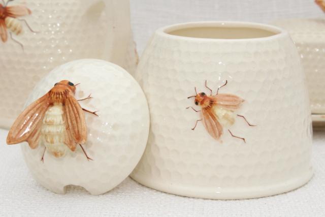 photo of vintage beeware w/ ceramic bees, bee skep jam jar pot, comb honey box or butter dish, milk jug pitcher #15