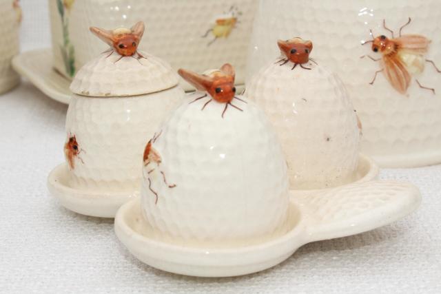 photo of vintage beeware w/ ceramic bees, bee skep jam jar pot, comb honey box or butter dish, milk jug pitcher #16