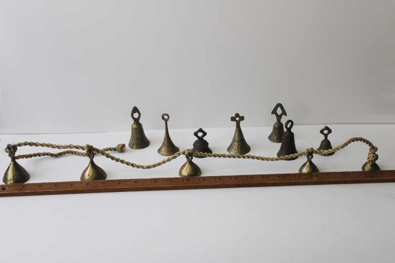 photo of vintage bells of Sarna India, etched solid brass bell lot #1