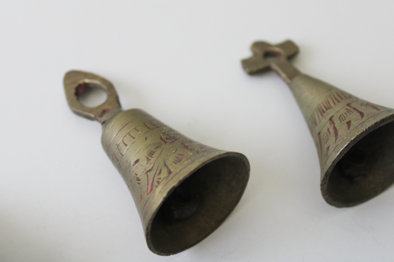 photo of vintage bells of Sarna India, etched solid brass bell lot #3