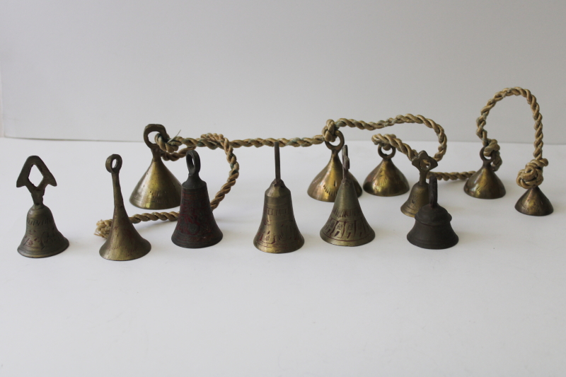 photo of vintage bells of Sarna India, etched solid brass bell lot #5