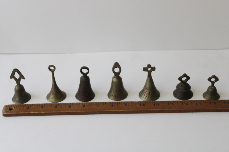 photo of vintage bells of Sarna India, etched solid brass bell lot #10