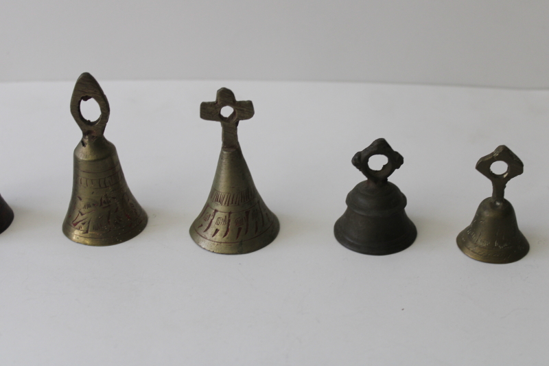 photo of vintage bells of Sarna India, etched solid brass bell lot #11