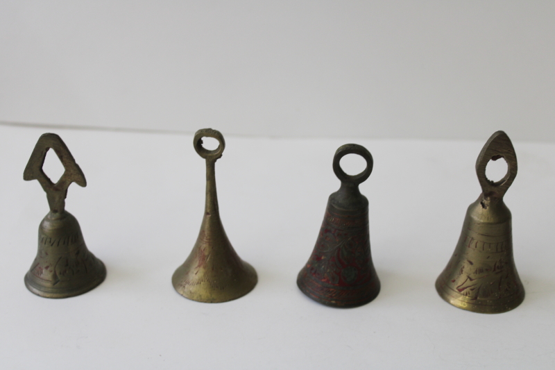 photo of vintage bells of Sarna India, etched solid brass bell lot #12