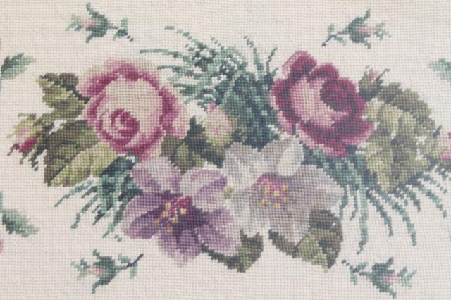 photo of vintage berlin wool work floral, large needlepoint picture roses bouquet on ecru #2
