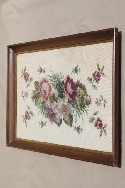 photo of vintage berlin wool work floral, large needlepoint picture roses bouquet on ecru #3