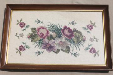 catalog photo of vintage berlin wool work floral, large needlepoint picture roses bouquet on ecru