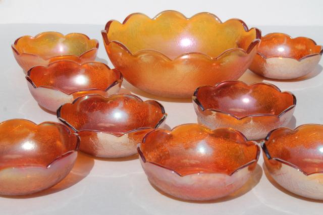 photo of vintage berry bowls set, Jeannette crackle pattern glass w/ marigold carnival color #1