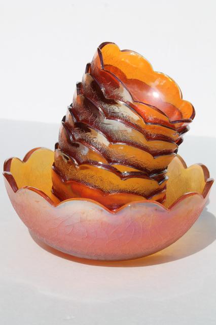 photo of vintage berry bowls set, Jeannette crackle pattern glass w/ marigold carnival color #4
