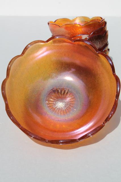 photo of vintage berry bowls set, Jeannette crackle pattern glass w/ marigold carnival color #6