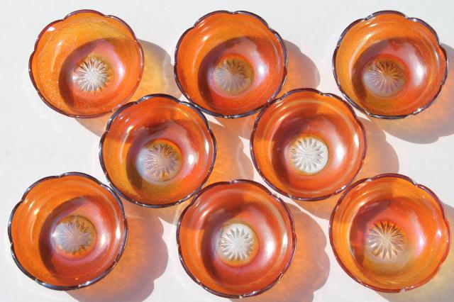 photo of vintage berry bowls set, Jeannette crackle pattern glass w/ marigold carnival color #8