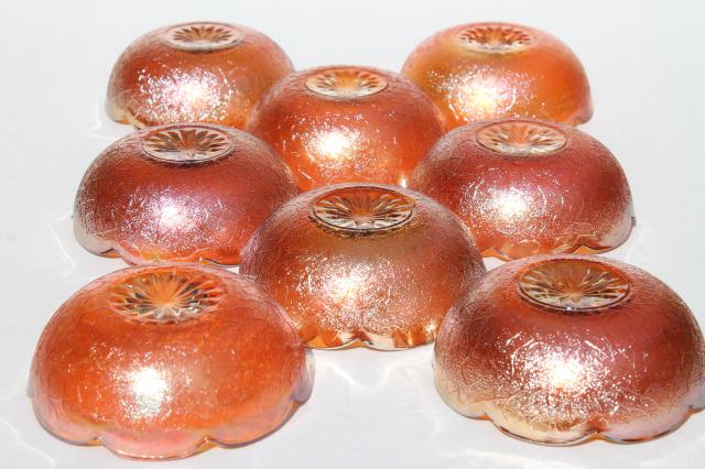 photo of vintage berry bowls set, Jeannette crackle pattern glass w/ marigold carnival color #10