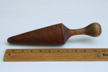 vintage birdseye maple wood cone pestle masher, primitive old wooden kitchen tool 