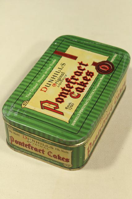 photo of vintage biscuit tin, Dunhills England Pontefract Cakes liquorice sweets #1