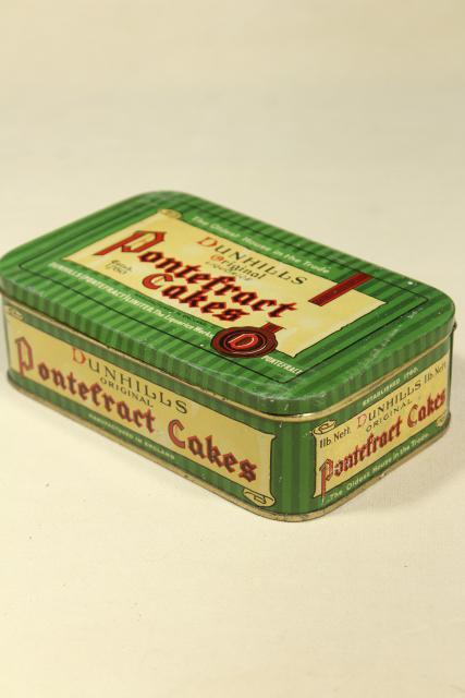 photo of vintage biscuit tin, Dunhills England Pontefract Cakes liquorice sweets #3