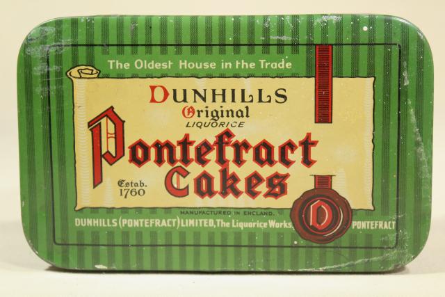 photo of vintage biscuit tin, Dunhills England Pontefract Cakes liquorice sweets #4