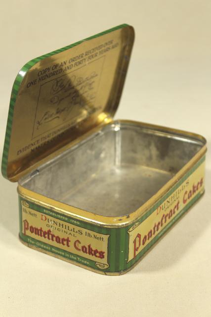 photo of vintage biscuit tin, Dunhills England Pontefract Cakes liquorice sweets #6