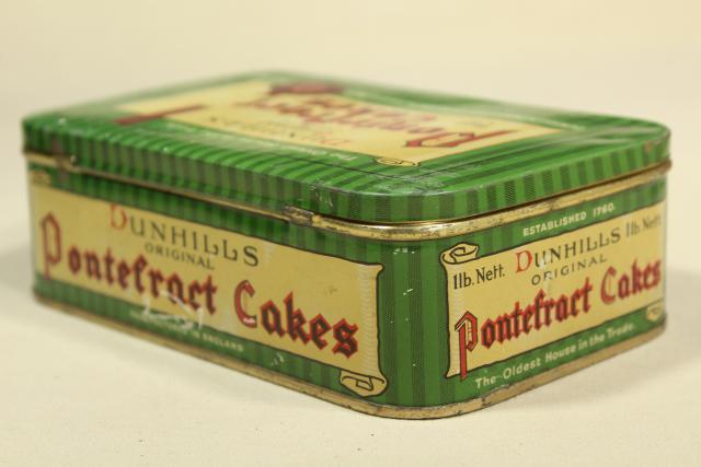 photo of vintage biscuit tin, Dunhills England Pontefract Cakes liquorice sweets #7