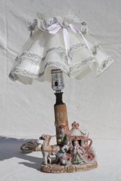 catalog photo of vintage bisque china boudoir lamp, french fairy tale Cinderella coach figurine lamp