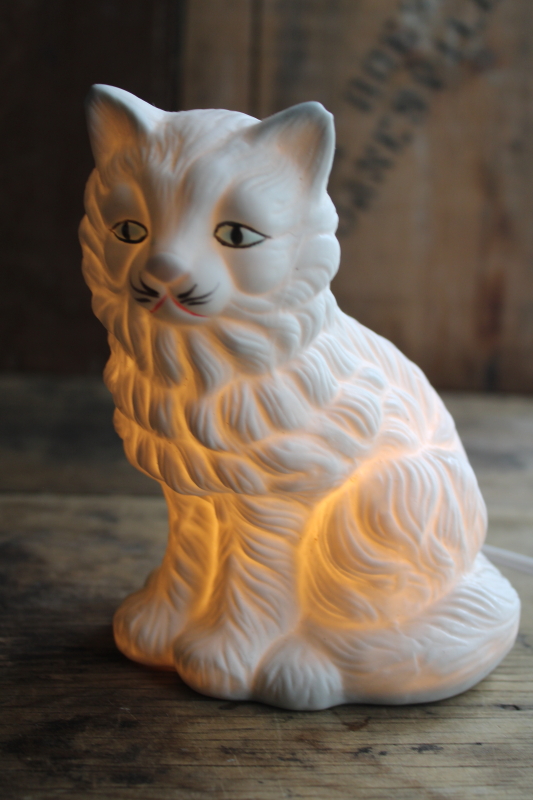 photo of vintage bisque china cat figurine night light, small bedside lamp  #1