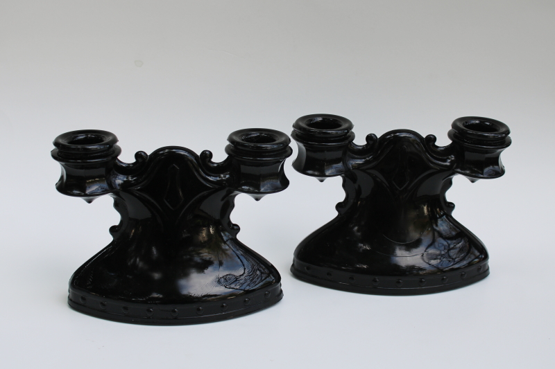 photo of vintage black amethyst glass candelabra, branched candle holders w/ crooked shape, haunted gothic decor  #1