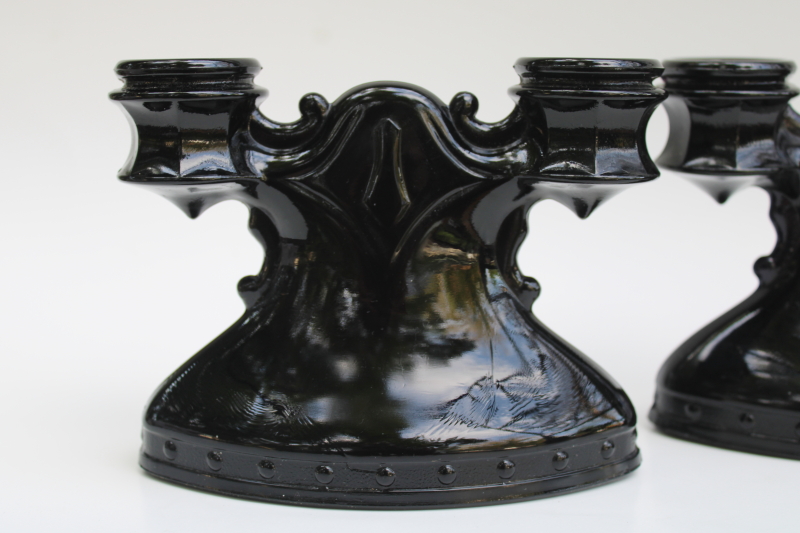 photo of vintage black amethyst glass candelabra, branched candle holders w/ crooked shape, haunted gothic decor #2