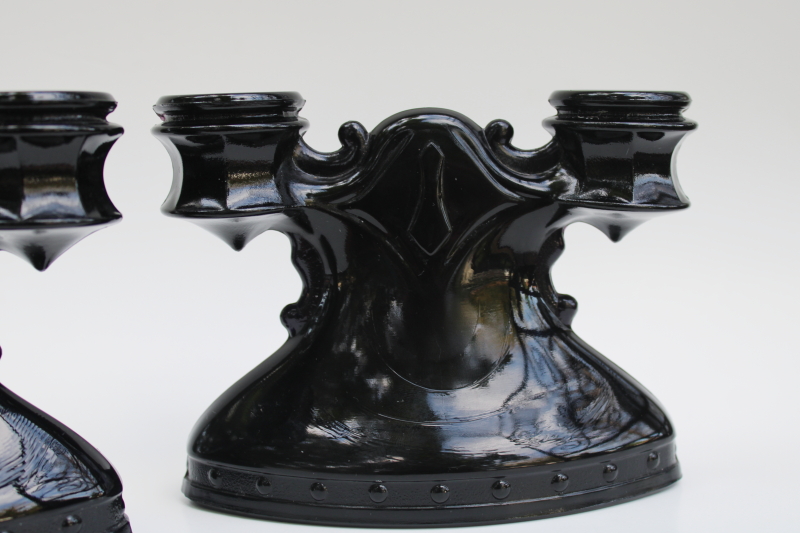 photo of vintage black amethyst glass candelabra, branched candle holders w/ crooked shape, haunted gothic decor #3