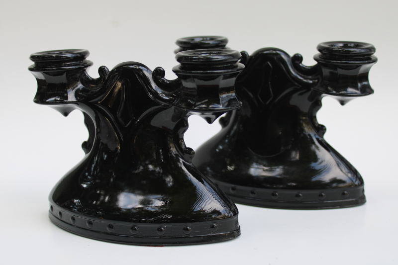 photo of vintage black amethyst glass candelabra, branched candle holders w/ crooked shape, haunted gothic decor #4