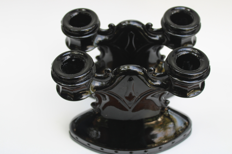 photo of vintage black amethyst glass candelabra, branched candle holders w/ crooked shape, haunted gothic decor #7