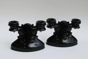 vintage black amethyst glass candelabra, branched candle holders w/ crooked shape, haunted gothic decor 