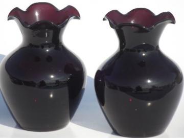 catalog photo of vintage black amethyst glass vases, pair of small  vases for violets 