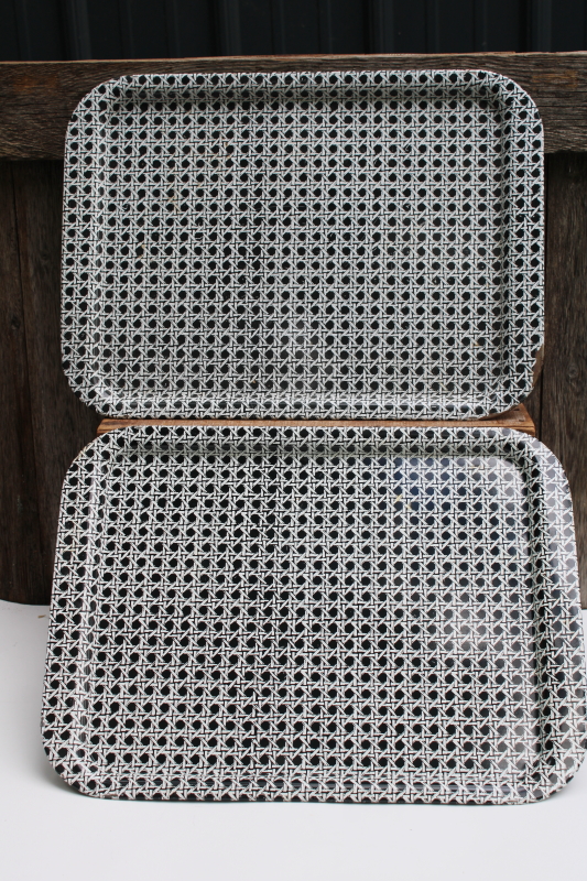 photo of vintage black & white print metal lap or meal trays, wicker cane pattern mod cottage style #1