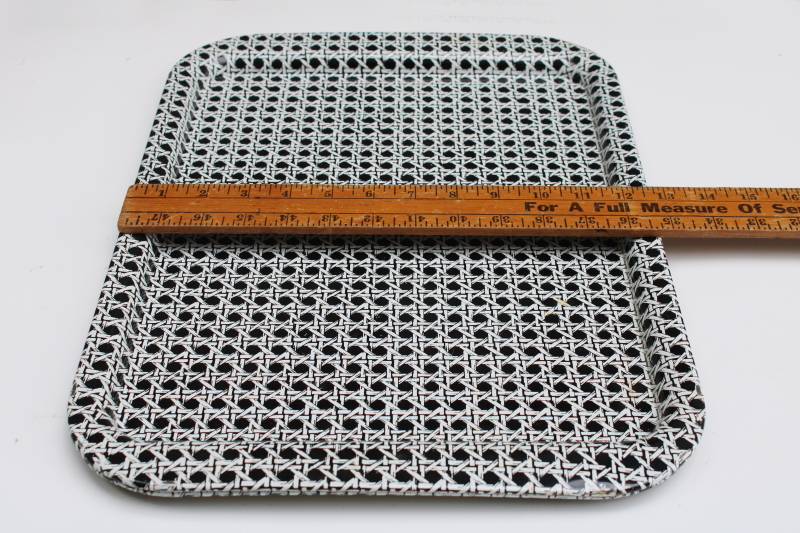 photo of vintage black & white print metal lap or meal trays, wicker cane pattern mod cottage style  #2