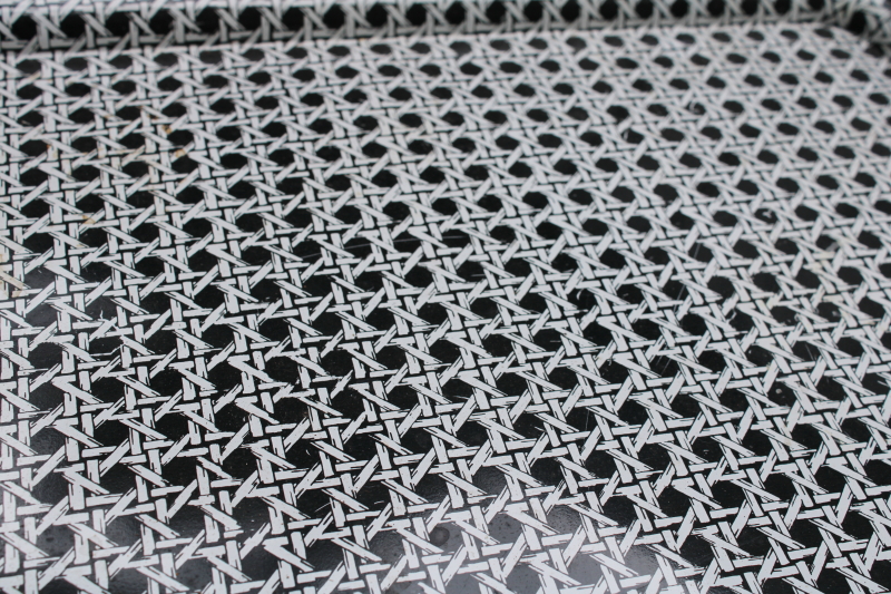 photo of vintage black & white print metal lap or meal trays, wicker cane pattern mod cottage style  #4