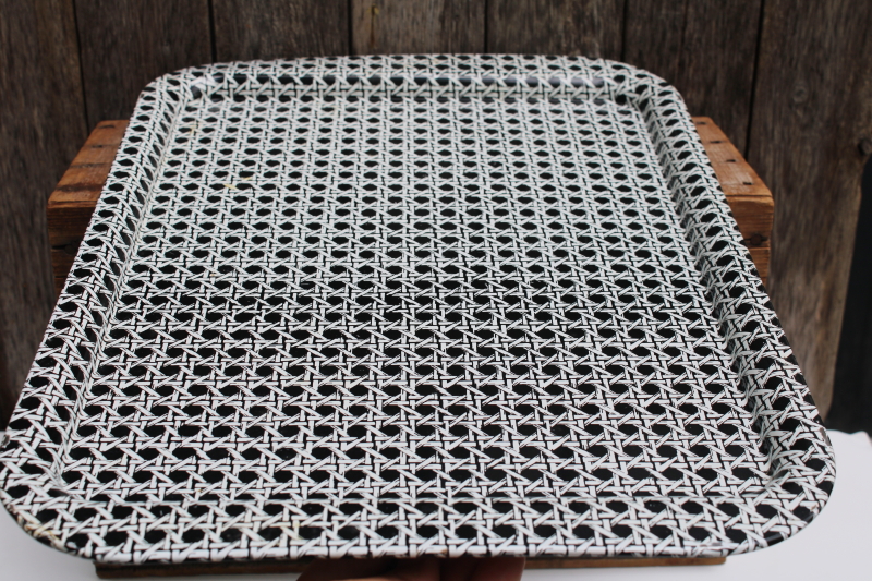 photo of vintage black & white print metal lap or meal trays, wicker cane pattern mod cottage style  #5