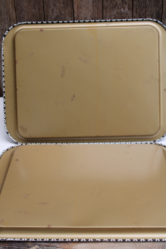 photo of vintage black & white print metal lap or meal trays, wicker cane pattern mod cottage style  #7
