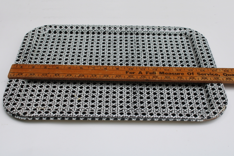photo of vintage black & white print metal lap or meal trays, wicker cane pattern mod cottage style  #10