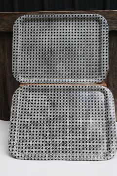 vintage black & white print metal lap or meal trays, wicker cane pattern mod cottage style 