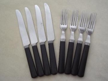 catalog photo of vintage black bakelite flatware, stainless forks & knives set for 4