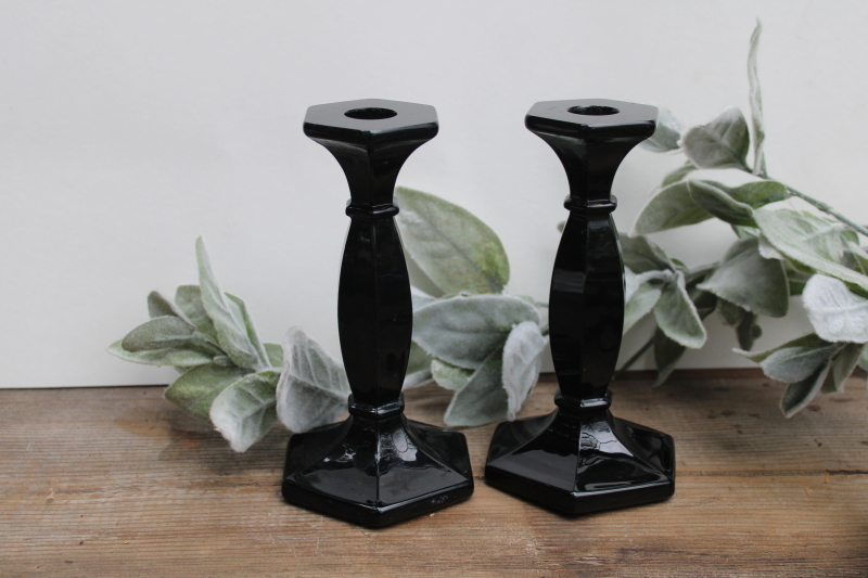 photo of vintage black glass candlesticks, art deco candle holders, elegant witchy Halloween decor  #1