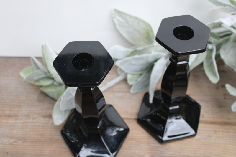 photo of vintage black glass candlesticks, art deco candle holders, elegant witchy Halloween decor #3