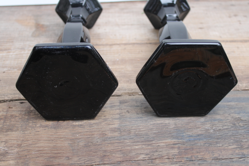 photo of vintage black glass candlesticks, art deco candle holders, elegant witchy Halloween decor #5