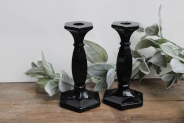 catalog photo of vintage black glass candlesticks, art deco candle holders, elegant witchy Halloween decor