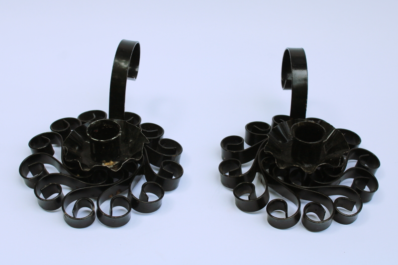 photo of vintage black iron candle holders, metal filigree candlesticks witchy gothic boho decor  #2